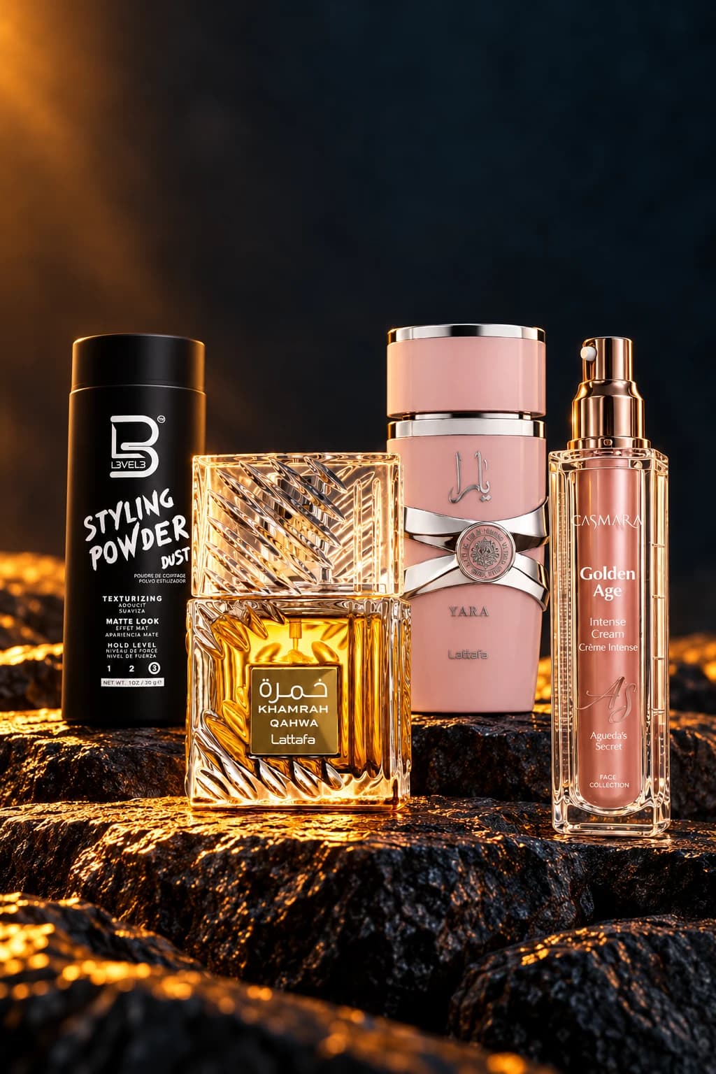 Level 3 styling powder, Lattafa Khamrah Qahwa, Lattafa Yara and Casmara Golden Age cream on dark rock in warm light